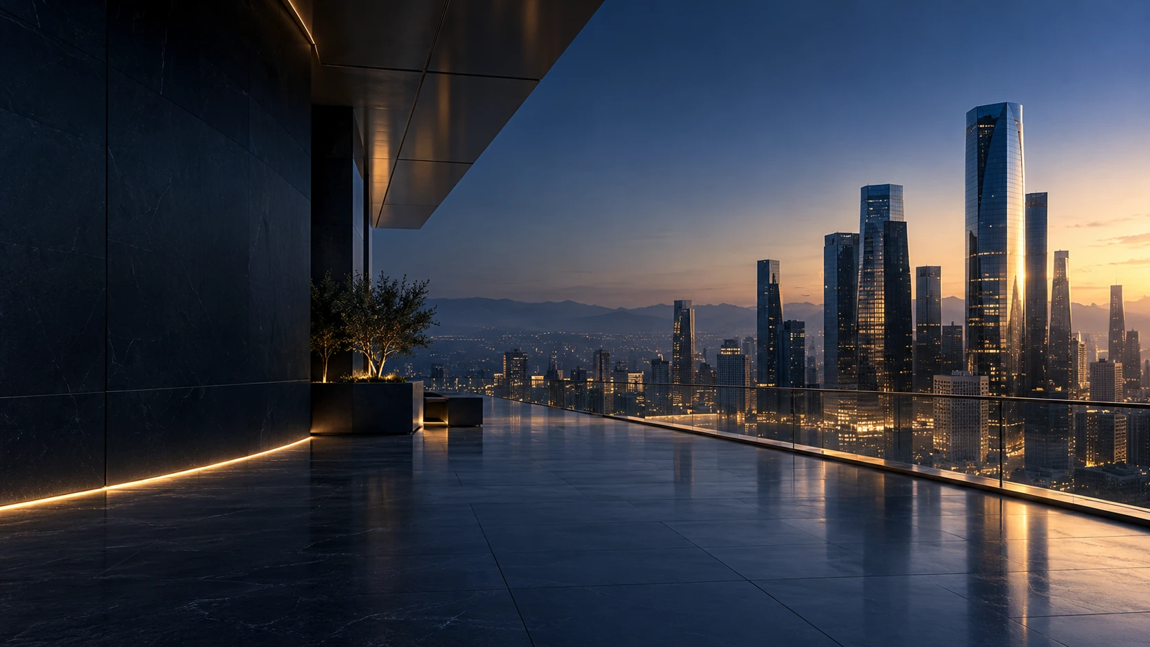 Conceptual financial district at sunrise in Solirion brand colors